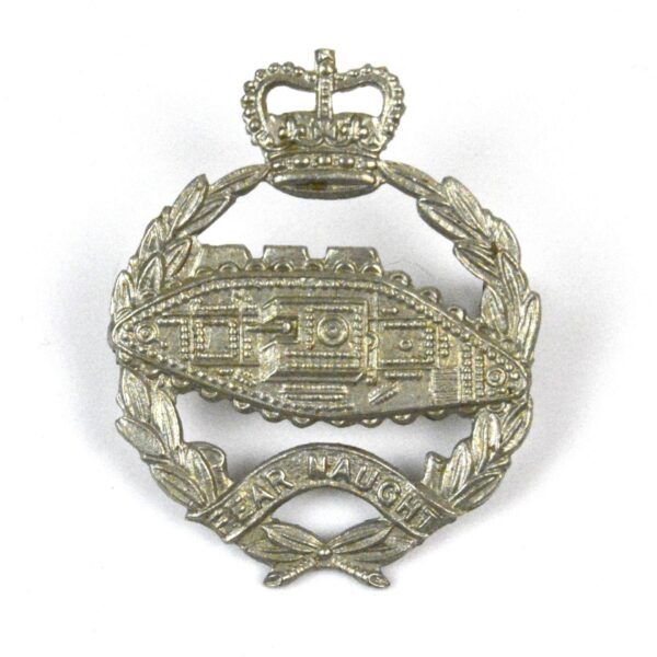 Royal Tank Regiment Queen's Crown Cap Badge, White Metal