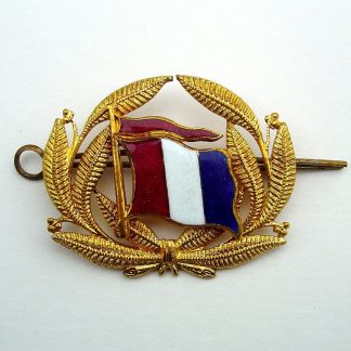 Unidentified 'NETHERLANDS SHIPPING LINE' ?  Officer's enamel and Gilt cap badge. Enamel Red, White and Blue flag, mounted on gilt wreath cap badge.