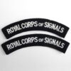 ROYAL CORPS of SIGNALS curved cloth shoulder title embroidered White on Navy Blue