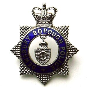 DEWSBURY BOROUGH QC BLUE RING CAP BADGE chrome, east west eyed shank fixings