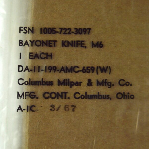 US M6 Bayonet by Columbus Milpar & Manufacturing Co. in Unissued Box, Packed March 1967 - Image 2
