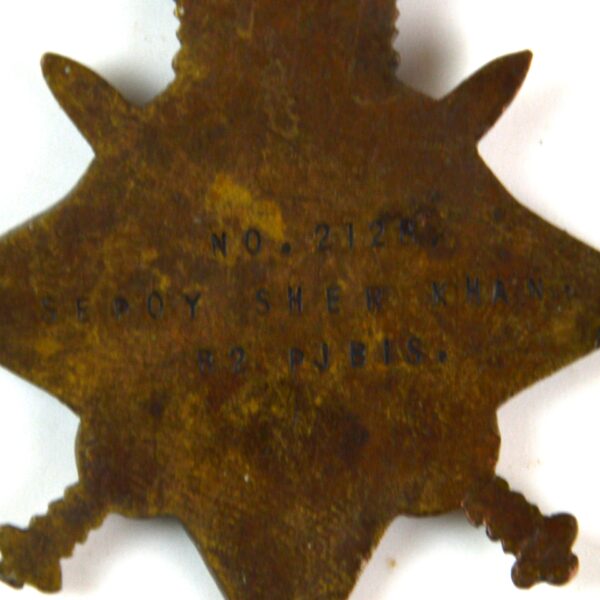 Indian 1914-15 Star Medal, Sepoy Sher Khan, 82nd Punjabis - Image 3