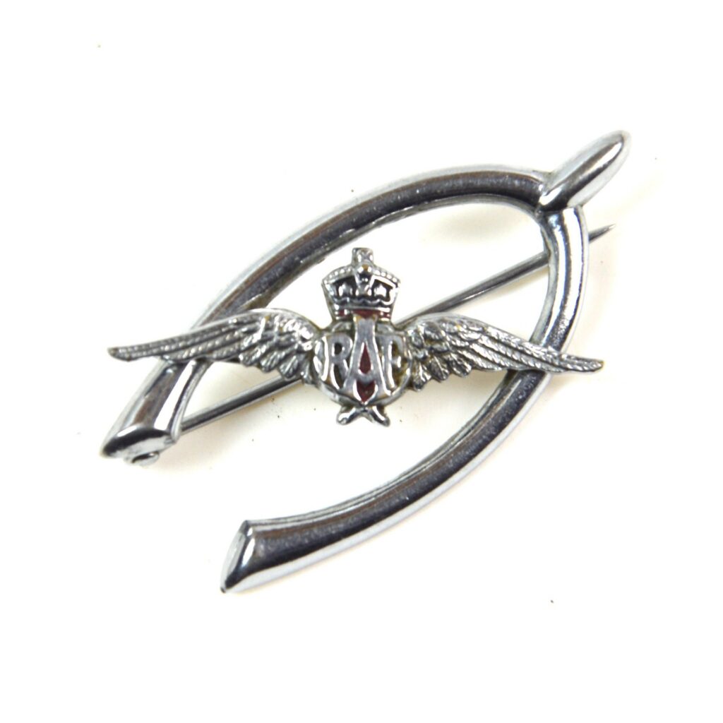 Royal Air Force (RAF) Chrome Wishbone Sweetheart Brooch Lapel Badge - King's Crown